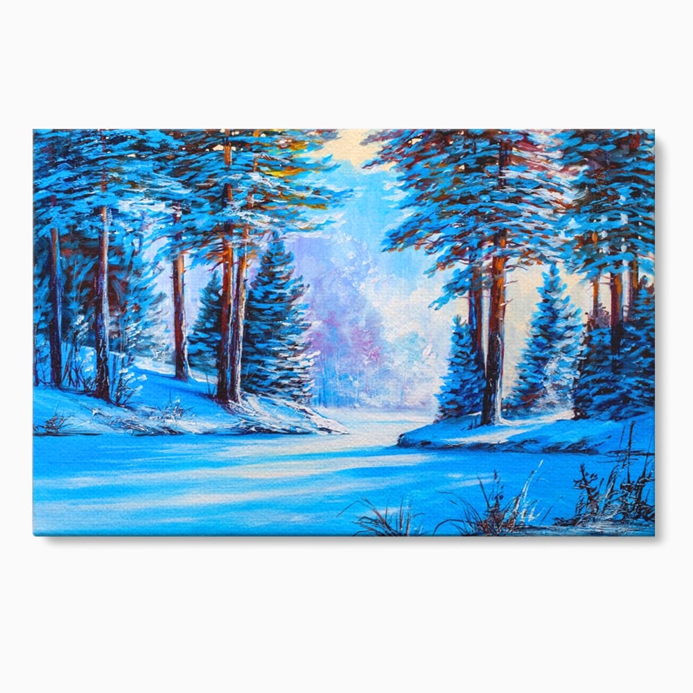 Tablou canvas cu pictura peisaj de iarna cu padure si zapada, fara rama, pe sasiu de lemn